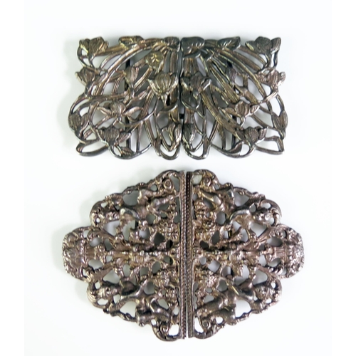 682 - Two silver two-piece buckles, various makers and dates, with pierced decoration, total weight of sil... 