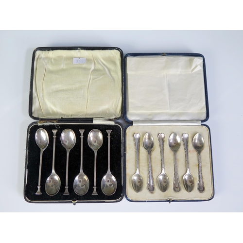 694 - A set of six George V silver coffee spoons, maker Mappin & Webb, Sheffield, 1928, cased, together wi... 