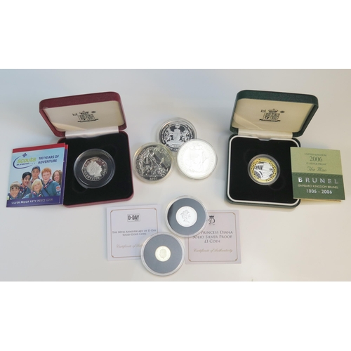 712 - The 80th Anniversary of D-Day Solid Gold Coin (9ct 1g), The Princess Diana Solid Silver Proof £1 201... 