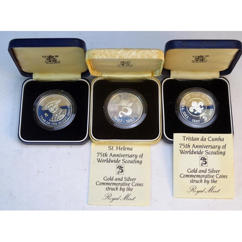 719 - Three Royal Mint 75th Anniversary of Worldwide Scouting 25p Silver Coins, all boxed and two COAs