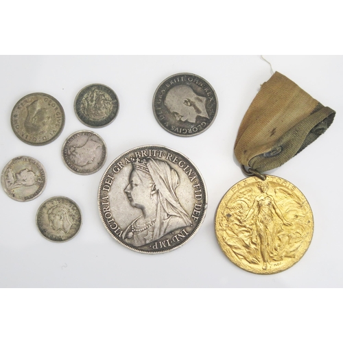 725 - A Victorian Silver Crown 1900, other coins and Great War medallion