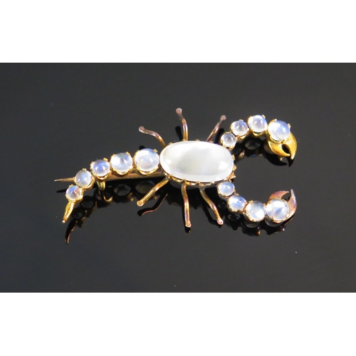 79 - A Moonstone Scorpion Brooch in a precious yellow metal setting, 38.8mm long, KEE tests as 18ct, 3.49... 