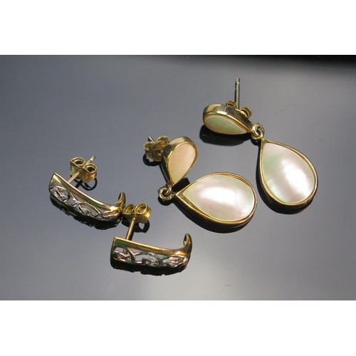 90 - A Pair of 9ct Gold and Mother of Pearl Pendant Earrings (32.5mm drop, hallmark, 4.35g) and a pair of... 