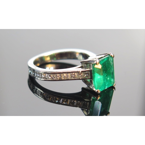 91 - A Platinum, Emerald and Diamond Ring, 8.6x8.2mm principal stone with diamonds set to the entire circ... 