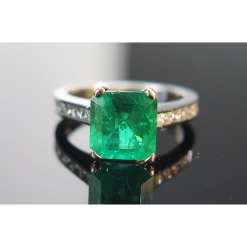 91 - A Platinum, Emerald and Diamond Ring, 8.6x8.2mm principal stone with diamonds set to the entire circ... 