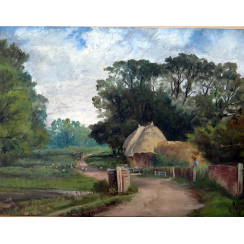 1480 - Lane with Farm Buildings (titled veso indicating it is by M.J. Sturge 'Worsted Green', Mersham 1878,... 