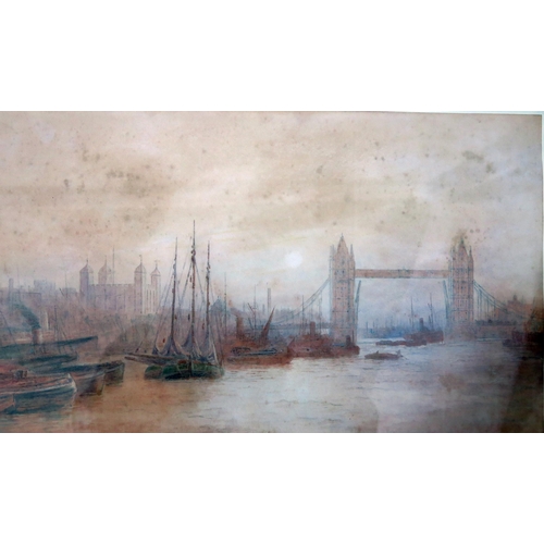 1488 - A Scene of The Tower and Tower Bridge from The Thames, watercolour, 71x26cm, F&G