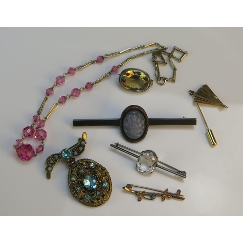 190 - A 9ct Gold, Turquoise and Seed Pearl Brooch (1.53g), three hardstone mounted brooches and costume je... 