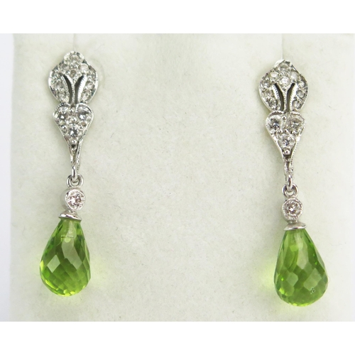 24 - A Pair of 18ct White Gold, Diamond and Peridot? Pendant Earrings, c. 28.9mm drop, 3.29g