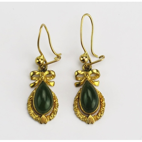 58 - A Pair of 9ct Gold and Green Stone Set Pendant Earrings, c. 31.6mm drop, hallmarked, 2.63g