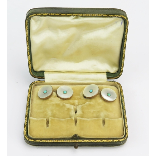 59 - A Pair of Precious Yellow Metal, Mother of Pearl and Turquoise Cufflinks, KEE test as 9ct, cased, 5.... 