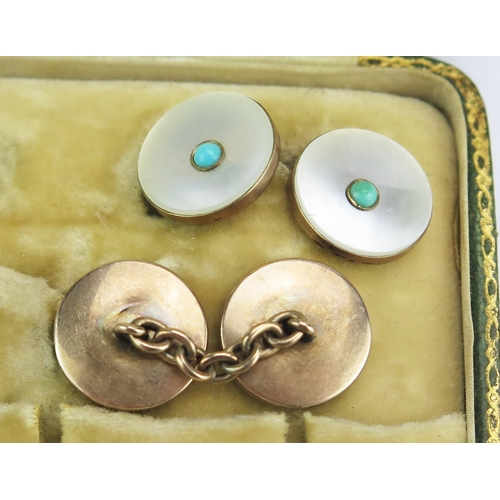 59 - A Pair of Precious Yellow Metal, Mother of Pearl and Turquoise Cufflinks, KEE test as 9ct, cased, 5.... 