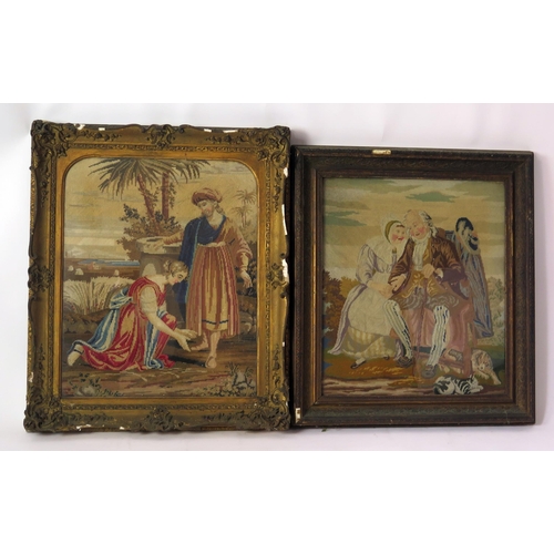 1349 - Two Victorian wool work pictures, 'Rebecca at the well' and a Seated Old Couple, both 49 x 41cm, con... 