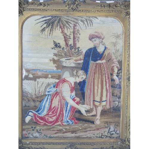 1349 - Two Victorian wool work pictures, 'Rebecca at the well' and a Seated Old Couple, both 49 x 41cm, con... 