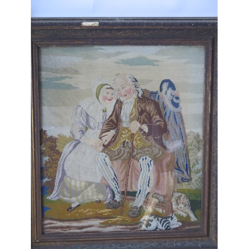 1349 - Two Victorian wool work pictures, 'Rebecca at the well' and a Seated Old Couple, both 49 x 41cm, con... 