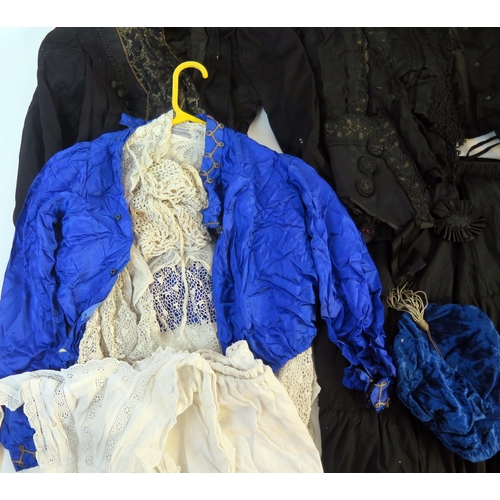 1623A - A Victorian ladies blue silk bolero, croquet bolero and bonnet,  a black satin jacket, bodice and sk... 