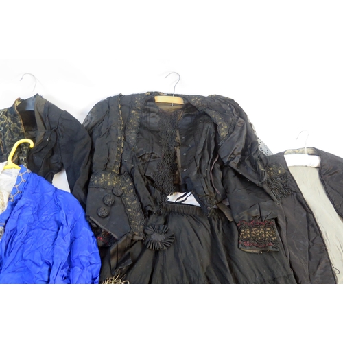 1623A - A Victorian ladies blue silk bolero, croquet bolero and bonnet,  a black satin jacket, bodice and sk... 