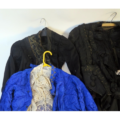 1623A - A Victorian ladies blue silk bolero, croquet bolero and bonnet,  a black satin jacket, bodice and sk... 