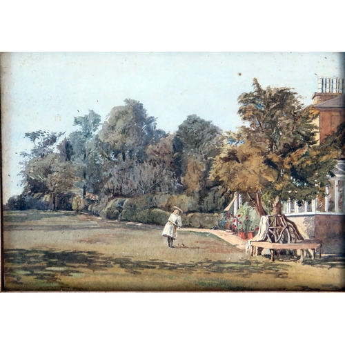 1673 - English School, Girl playing golf on the lawn, watercolour, unsigned and undated, 15 x 21cm