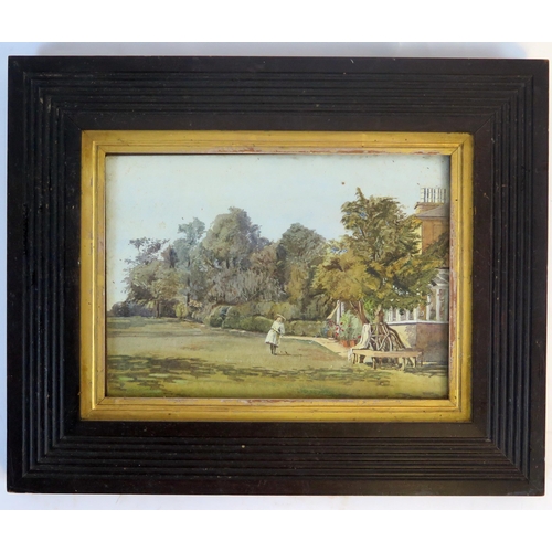 1673 - English School, Girl playing golf on the lawn, watercolour, unsigned and undated, 15 x 21cm