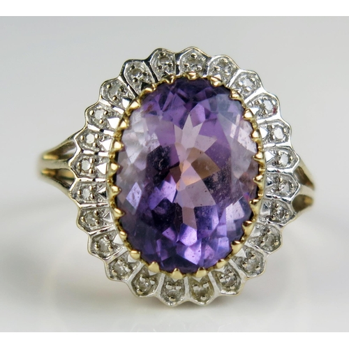 296 - A 9ct Gold, Amethyst and Diamond Ring, 19x16.8mm head, size R, CCM mark, 4.93g