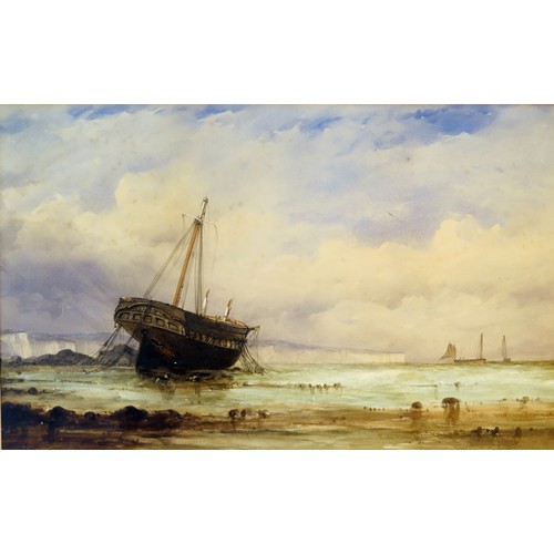 1497A - 19th Century school, beached hulk on a shoreline, watercolour, unsigned, undated, 34 x 56cm.