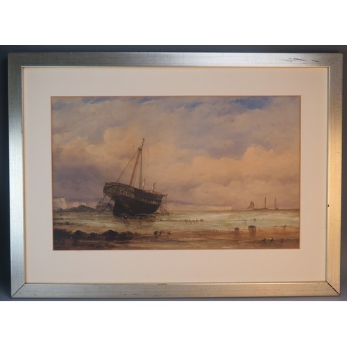 1497A - 19th Century school, beached hulk on a shoreline, watercolour, unsigned, undated, 34 x 56cm.