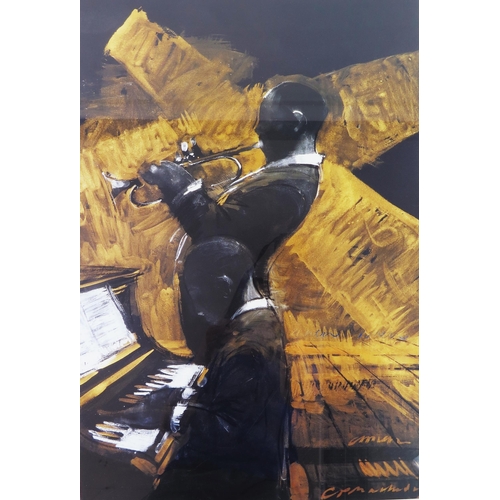 929 - Charles Mackesy, Twentieth century artist, two framed prints of Jazz players, 'At the 606' - 2005, 5... 