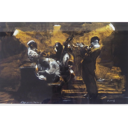 929 - Charles Mackesy, Twentieth century artist, two framed prints of Jazz players, 'At the 606' - 2005, 5... 