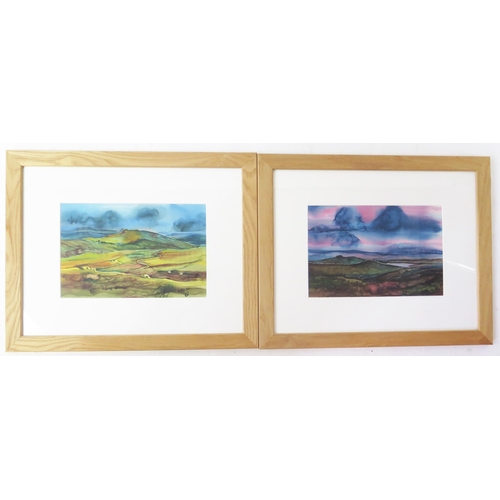 943 - Two Silkscreen paintings by Rosemary Waine, 'Towards Sheeps Tor' and 'Into the West', 29 x 20cm, F &... 