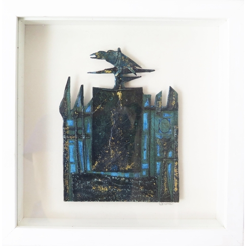 945 - Val Jones, contemporary printmaker and painter, crow sitting on a fence - abstract in style, mounted... 