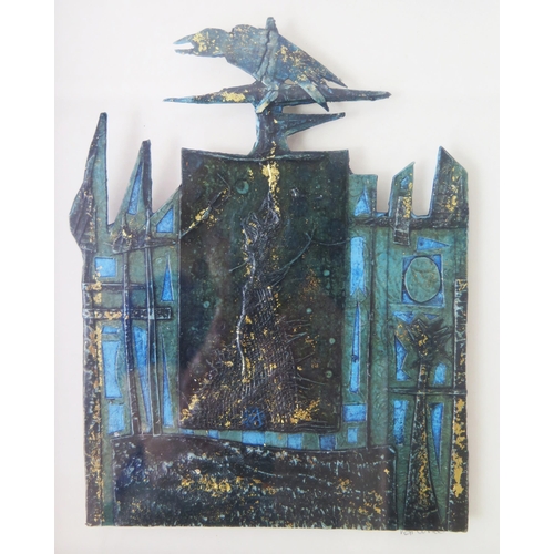 945 - Val Jones, contemporary printmaker and painter, crow sitting on a fence - abstract in style, mounted... 