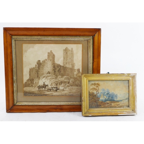 959 - An 18th century Sepia Ruins Scene, watercolour, 27x34.5cm, maple frame and glazed and one other