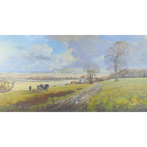 968 - Donal Ayres (b. 1936), Ploughing landscape scene, oil on canvas, 75x39cm, framed