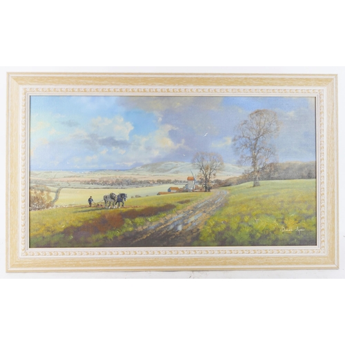 968 - Donal Ayres (b. 1936), Ploughing landscape scene, oil on canvas, 75x39cm, framed