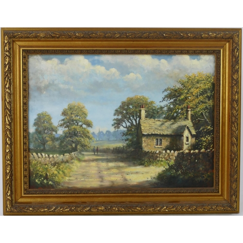 971 - James D. Preston 76, cottage landscape scene, oil on canvas, 54x39cm