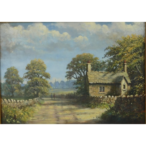 971 - James D. Preston 76, cottage landscape scene, oil on canvas, 54x39cm