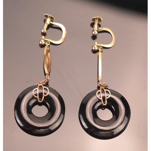 122 - A Pair of 9ct Gold and Onyx Roundel Pendant Earrings, 49.2mm drop, stamped 9CT, 5.44g