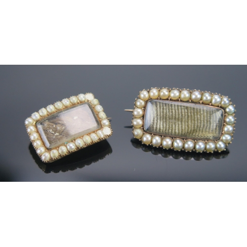 123 - Two Georgian Pearl or Cultured Pearl Set Memorial Brooches in a precious yellow metal setting, large... 