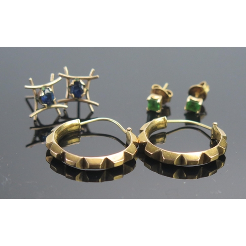 145 - A Pair of Emerald Stud Earrings with 18K fold butterflies (1.5g), a pair of sapphire earrings in pre... 