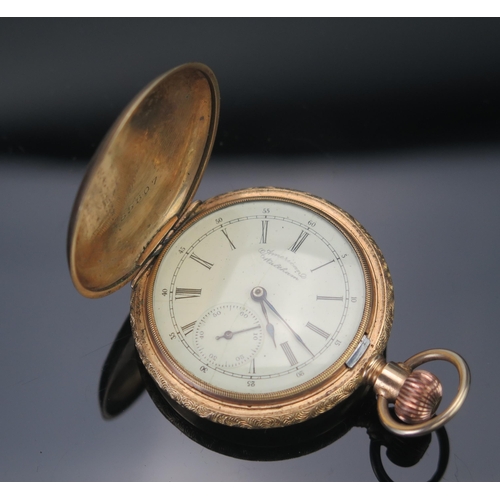 214 - An American Waltham Full Hunter Pocket Watch, the 42.3mm gold plated case embellished with tri-colou... 