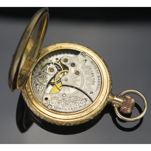 214 - An American Waltham Full Hunter Pocket Watch, the 42.3mm gold plated case embellished with tri-colou... 