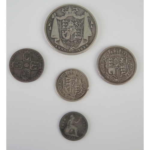 404 - A William IIII Silver Half Crown 1836, a George III 'Bull head' shilling 1817 and three others