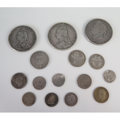 409 - A George IIII Silver Crown 1821, Victorian silver crown 1889, double Florin 1888 and other silver co... 