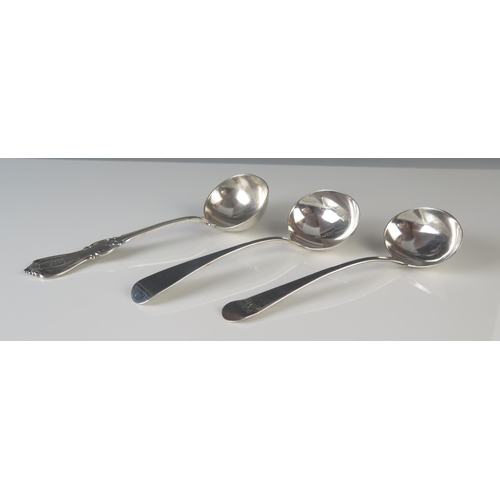 551 - Three assorted Georgian and Victorian silver sauce ladles, various makers and dates, two initialled,... 