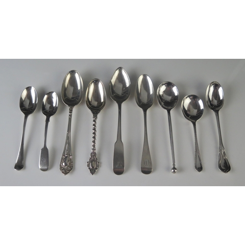 567 - A mixed collection of silver spoons, various makers and dates, includes dessert spoons, teaspoons, a... 