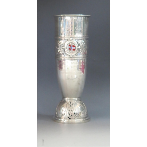 614 - An early 20th century Norwegian silver and enamel presentation vase, maker N.M.Thune, Oslo, inscribe... 