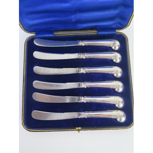 629 - A set of six George V silver pistol handled butter knives with steel blades, cased.