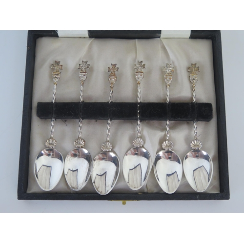 630 - A set of six Maltese silver coffee spoons, stamped marks, contained in a fitted case, 55gms, 1.77ozs... 