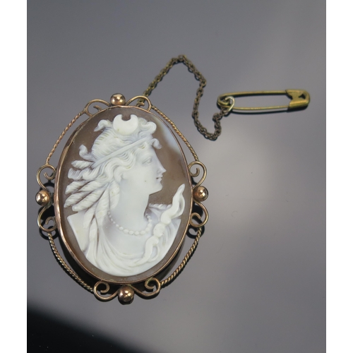 64 - A 9ct Gold Shell Cameo Brooch decorated with a classical female bust in profile, 47.7x39.3mm, stampe... 